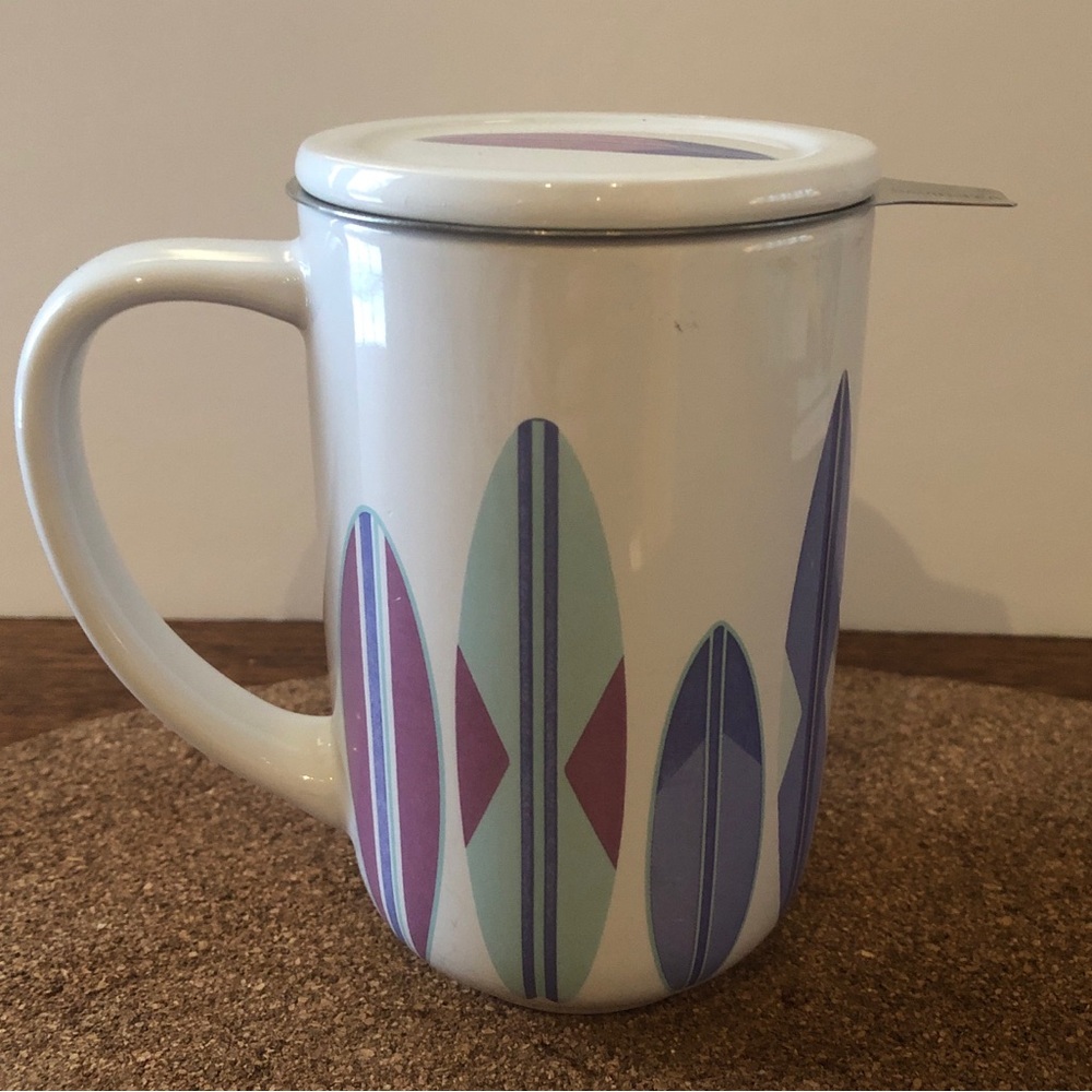David's Tea Nordic Mug Cup Surfboards Coffee Infuser Lid Shark Fish Retired